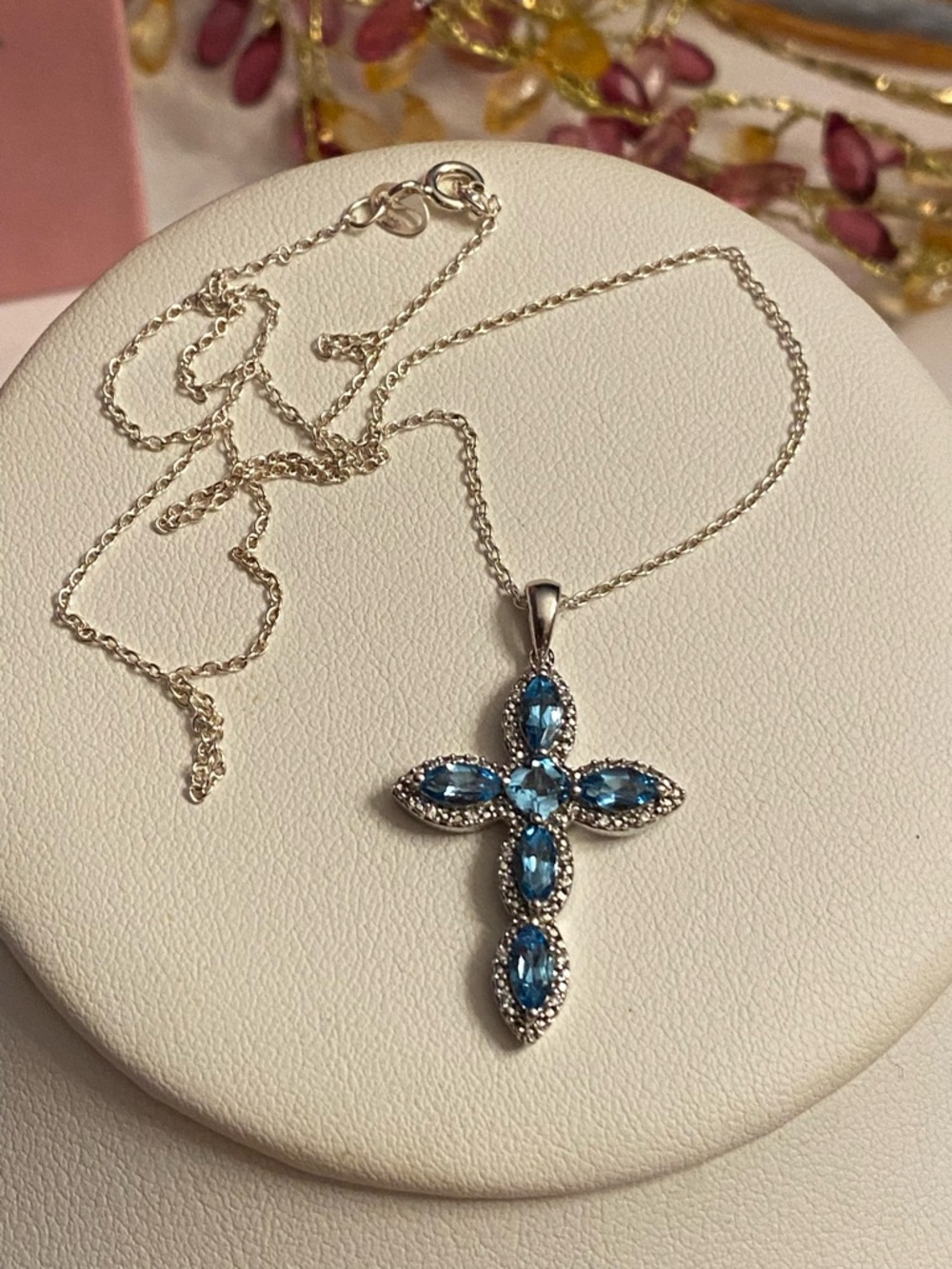 London Blue Topaz Diamond Sterling Silver Cross Necklace